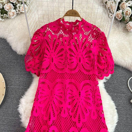 Anfisa Crochet Dress - bodice close-up on hanger, fuchsia pink - Miss Mosa By Akanksha