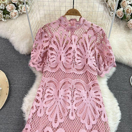 Anfisa Crochet Dress - bodice close-up on hanger, pink - Miss Mosa By Akanksha
