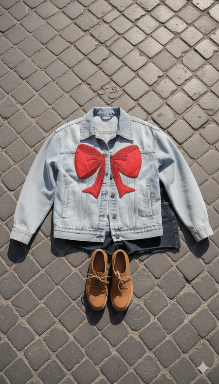 Angola Bow Denim Jacket - flat-lay shot, light blue denim with red bow - Miss Mosa By Akanksha