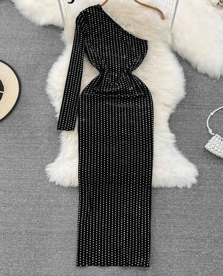 Anika Velvet Midi One Shoulder Dress In Black - styled flat-lay shot, black - Miss Mosa By Akanksha
