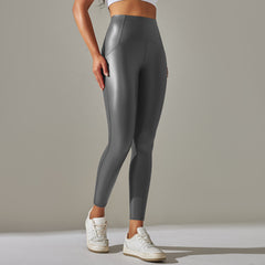 Anna Leather Slimming Warm Legging - front shot on standing model, grey - Miss Mosa By Akanksha