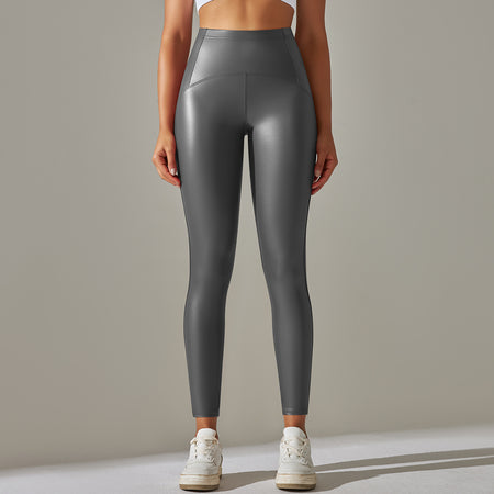 Anna Leather Slimming Warm Legging - front shot on standing model, grey - Miss Mosa By Akanksha