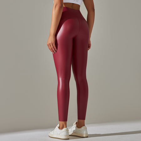 Anna Leather Slimming Warm Legging - back shot on standing model, dark red - Miss Mosa By Akanksha