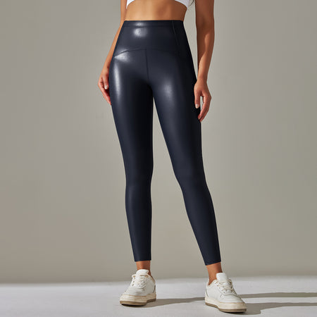 Anna Leather Slimming Warm Legging - front shot on standing model, navy blue - Miss Mosa By Akanksha