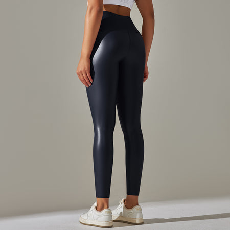 Anna Leather Slimming Warm Legging - back shot on standing model, navy blue - Miss Mosa By Akanksha
