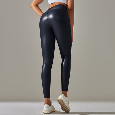 Anna Leather Slimming Warm Legging - back shot on standing model, navy blue - Miss Mosa By Akanksha