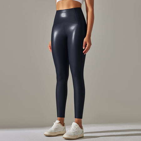 Anna Leather Slimming Warm Legging - front shot on standing model, navy blue - Miss Mosa By Akanksha