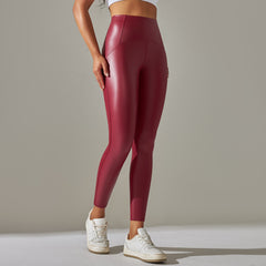 Anna Leather Slimming Warm Legging - front shot on standing model, dark red - Miss Mosa By Akanksha