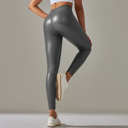 Anna Leather Slimming Warm Legging - back shot on standing model, grey - Miss Mosa By Akanksha