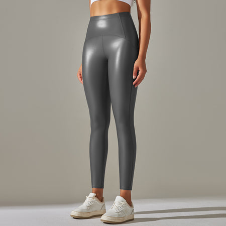 Anna Leather Slimming Warm Legging - front shot on standing model, grey - Miss Mosa By Akanksha