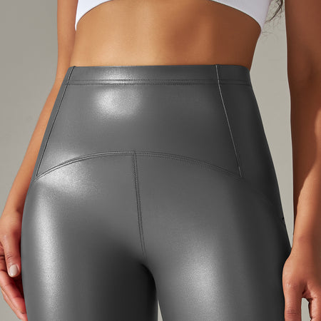 Anna Leather Slimming Warm Legging - close-up shot on model, grey - Miss Mosa By Akanksha