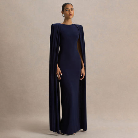 Anna Slit Maxi Dress - front shot on model, navy blue - Miss Mosa By Akanksha