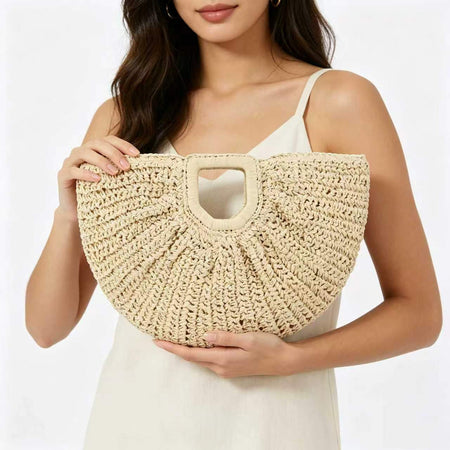 Anne Half Moon Hand Bag - front shot held by model, cream - Miss Mosa By Akanksha