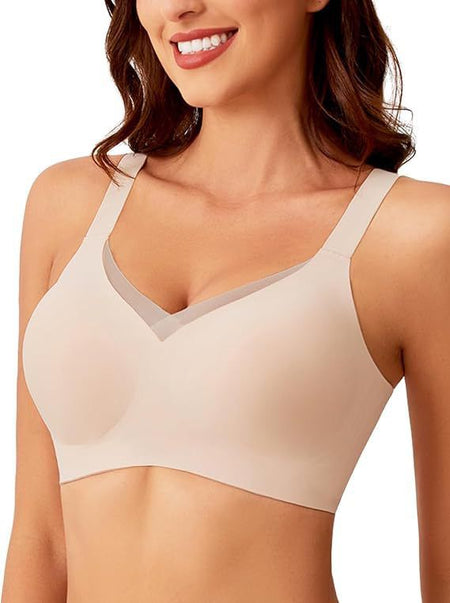 Anne Luxe Seamless Bralettes In Beige - close-up front shot on model - Miss Mosa By Akanksha