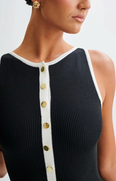 Anne Luxe Soft Knit Dress In Black - close-up of button placket on model - Miss Mosa By Akanksha