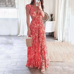Anni Floral Summer Maxi Dress - front shot on model, coral red - Miss Mosa By Akanksha