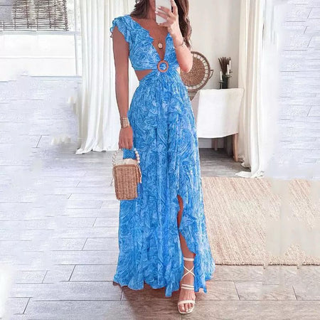 Anni Floral Summer Maxi Dress - front shot on model, blue - Miss Mosa By Akanksha