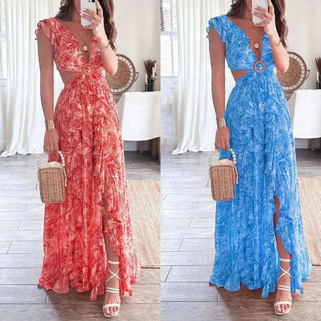 Anni Floral Summer Maxi Dress - side-by-side shot on model of two colourways, coral red and blue - Miss Mosa By Akanksha