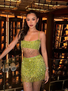 Annico Sequin Coord Skirt Set - front shot, lime green - Miss Mosa By Akanksha