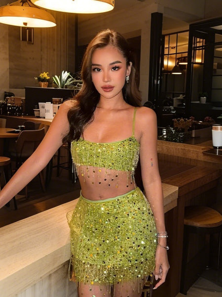 Annico Sequin Coord Skirt Set - styled front shot, lime green - Miss Mosa By Akanksha