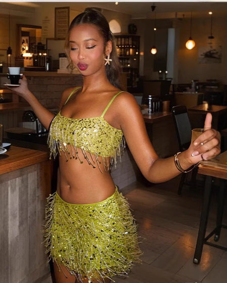 Annico Sequin Coord Skirt Set - styled shot, lime green - Miss Mosa By Akanksha