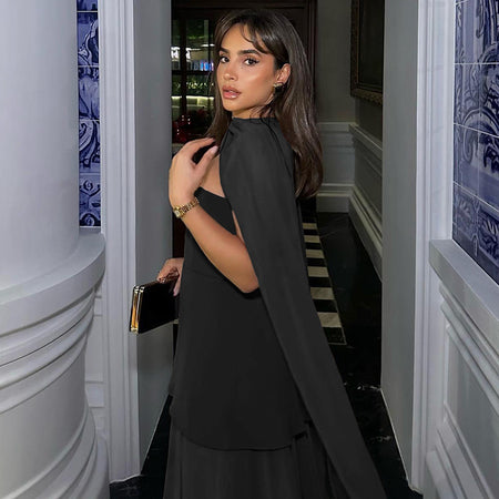 Annora Off-Shoulder Maxi Dress With Scarf In Black - side shot on model - Miss Mosa By Akanksha
