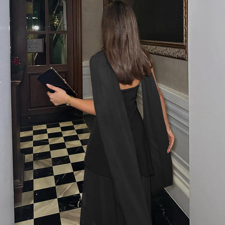 Annora Off-Shoulder Maxi Dress With Scarf In Black - back shot on model - Miss Mosa By Akanksha