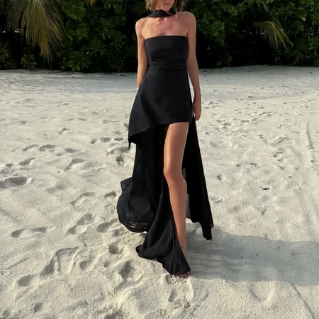 Annora Off-Shoulder Maxi Dress With Scarf In Black - full-length shot on model - Miss Mosa By Akanksha