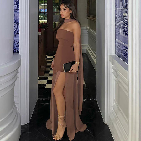 Annora Off-Shoulder Maxi Dress With Scarf In Brown - full-length side shot - Miss Mosa By Akanksha