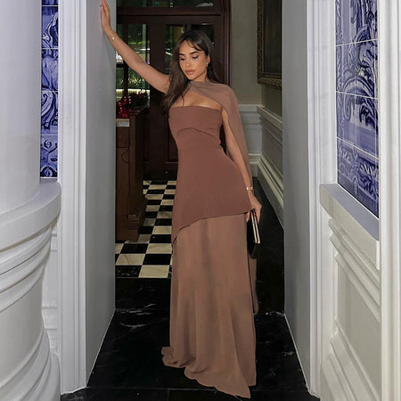 Annora Off-Shoulder Maxi Dress With Scarf In Brown - full-length side shot - Miss Mosa By Akanksha