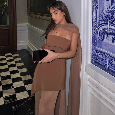 Annora Off-Shoulder Maxi Dress With Scarf In Brown - seated styled shot - Miss Mosa By Akanksha