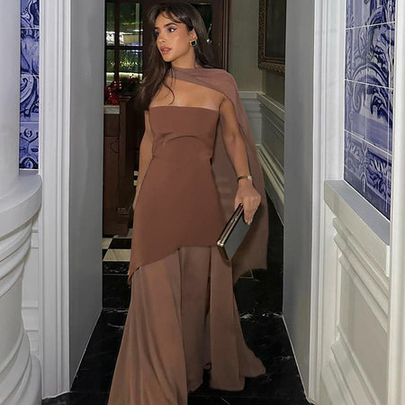 Annora Off-Shoulder Maxi Dress With Scarf In Brown - full-length side shot - Miss Mosa By Akanksha