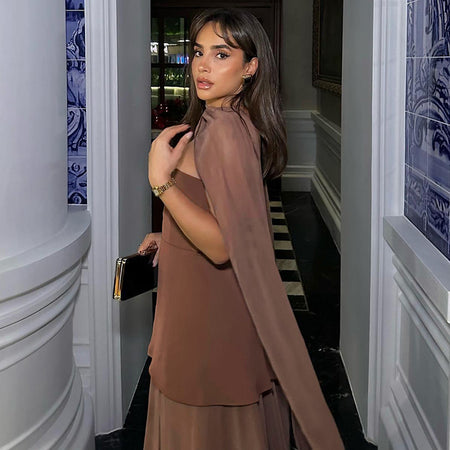 Annora Off-Shoulder Maxi Dress With Scarf In Brown - styled shot - Miss Mosa By Akanksha