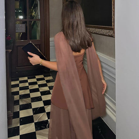 Annora Off-Shoulder Maxi Dress With Scarf In Brown - back shot - Miss Mosa By Akanksha