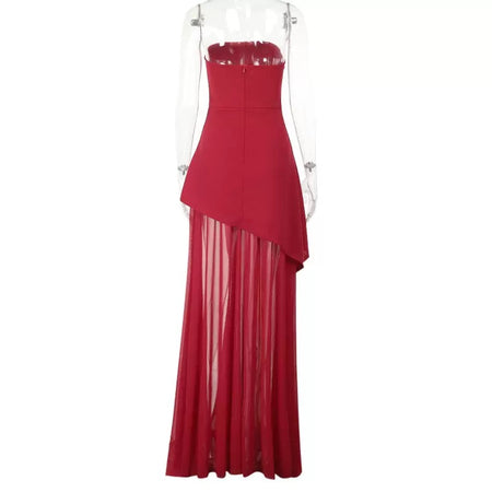 Annora Off-Shoulder Maxi Dress With Scarf In Maroon - back shot on mannequin - Miss Mosa By Akanksha