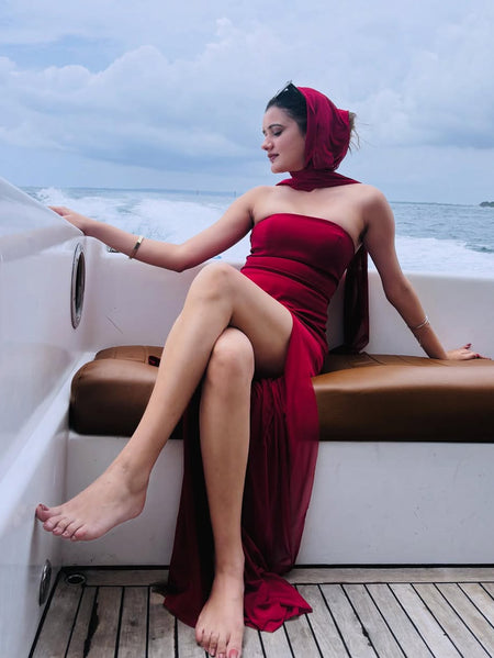 Annora Off-Shoulder Maxi Dress With Scarf In Maroon - full-length shot on model - Miss Mosa By Akanksha