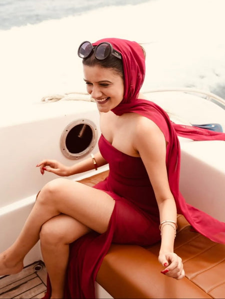 Annora Off-Shoulder Maxi Dress With Scarf In Maroon - front shot on model - Miss Mosa By Akanksha
