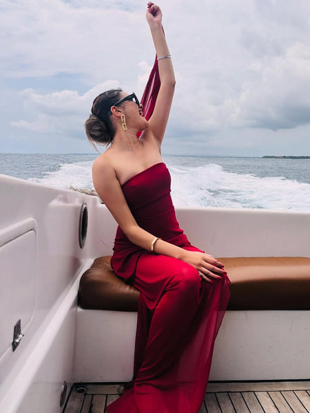 Annora Off-Shoulder Maxi Dress With Scarf In Maroon - full-length shot on model - Miss Mosa By Akanksha