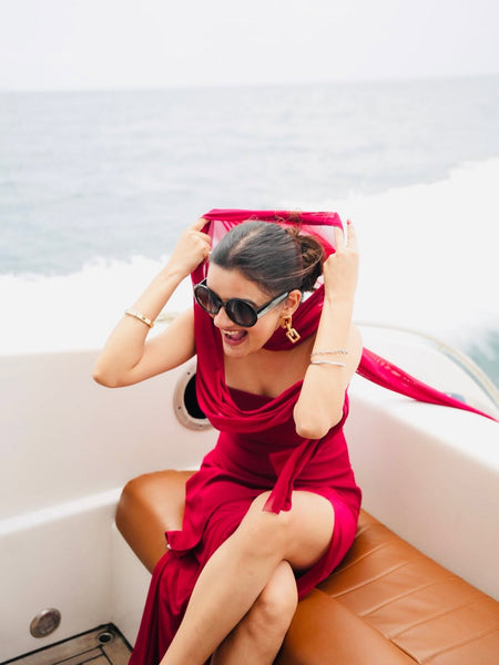 Annora Off-Shoulder Maxi Dress With Scarf In Maroon - front shot on model - Miss Mosa By Akanksha