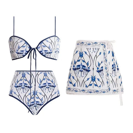Anouk 2 Pcs Printed Swimsuit With Sarong - flat-lay shot, blue floral print on white - Miss Mosa By Akanksha