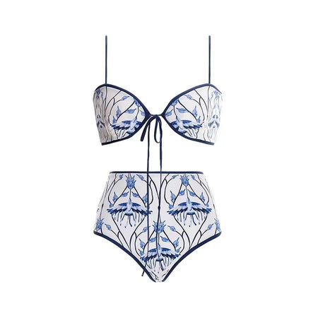 Anouk 2 Pcs Printed Swimsuit With Sarong - flat-lay shot, blue floral print on white - Miss Mosa By Akanksha
