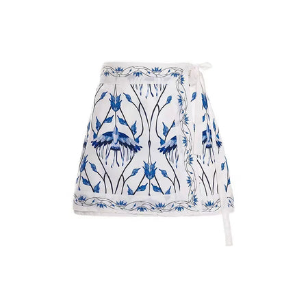 Anouk 2 Pcs Printed Swimsuit With Sarong - flat-lay shot, blue floral print on white - Miss Mosa By Akanksha