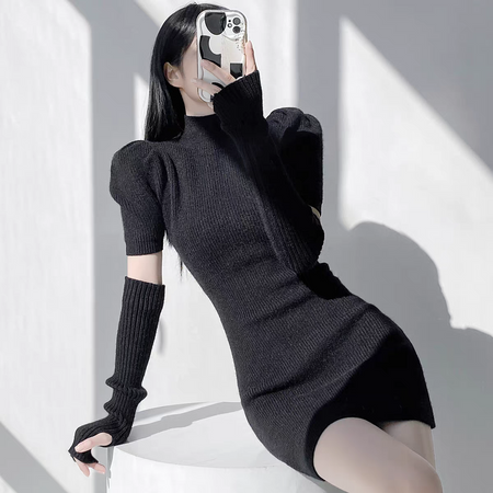 Antonia Soft Dress With Sleeves - full-length shot, black - Miss Mosa By Akanksha