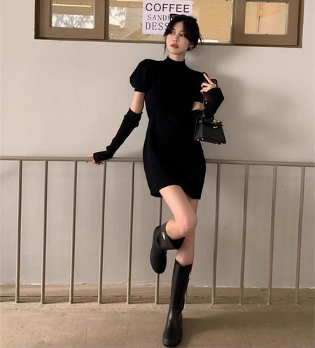 Antonia Soft Dress With Sleeves - full-length shot, black - Miss Mosa By Akanksha