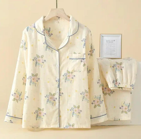 Anyaa Floral Nightsuit In Beige - flat-lay product shot of shirt and trousers - Miss Mosa By Akanksha