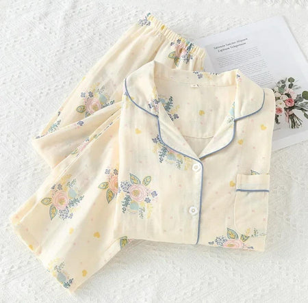 Anyaa Floral Nightsuit In Beige - flat-lay product shot of shirt and trousers - Miss Mosa By Akanksha