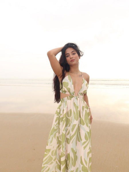Arabella Floral Summer Maxi Dress In Olive - front shot on model at the beach - Miss Mosa By Akanksha