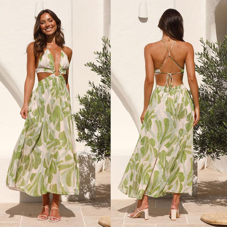 Arabella Floral Summer Maxi Dress In Olive - front and back shot on model outdoors - Miss Mosa By Akanksha