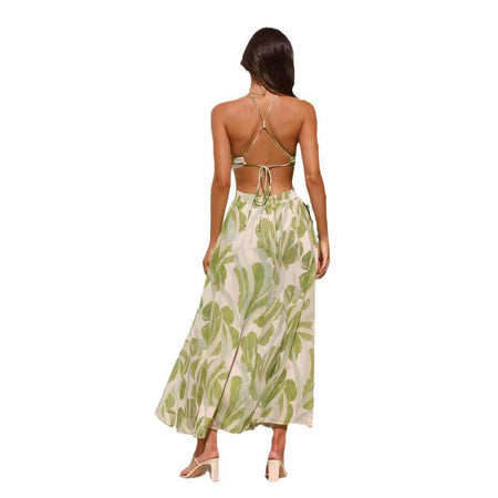 Arabella Floral Summer Maxi Dress In Olive - back shot on model on plain background - Miss Mosa By Akanksha