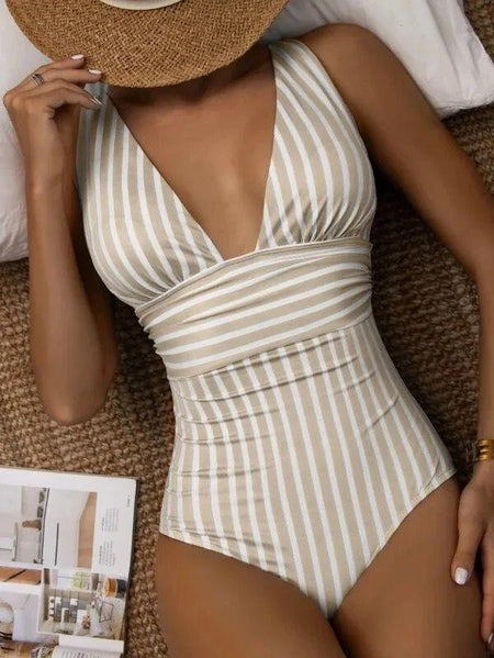 Arabella Stripped Swimsuit In Beige - lifestyle shot on model, beige - Miss Mosa By Akanksha
